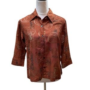 Chicos Design Women Orange Swirl Print 3/4 Sleeve Button Down Shirt Size 0 (S)